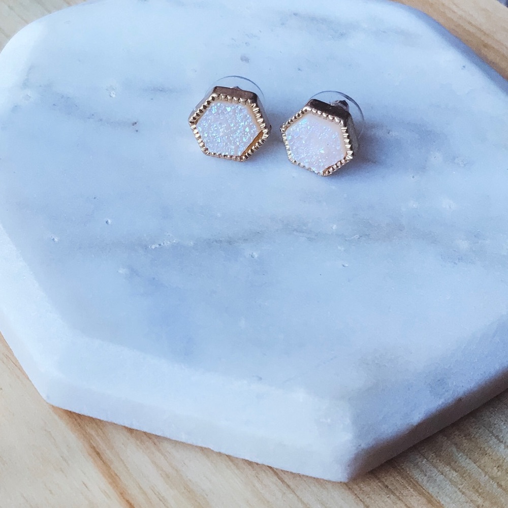 18K Gold & White Hexagon Druzy Post Stud Earrings - Picture 2 of 2